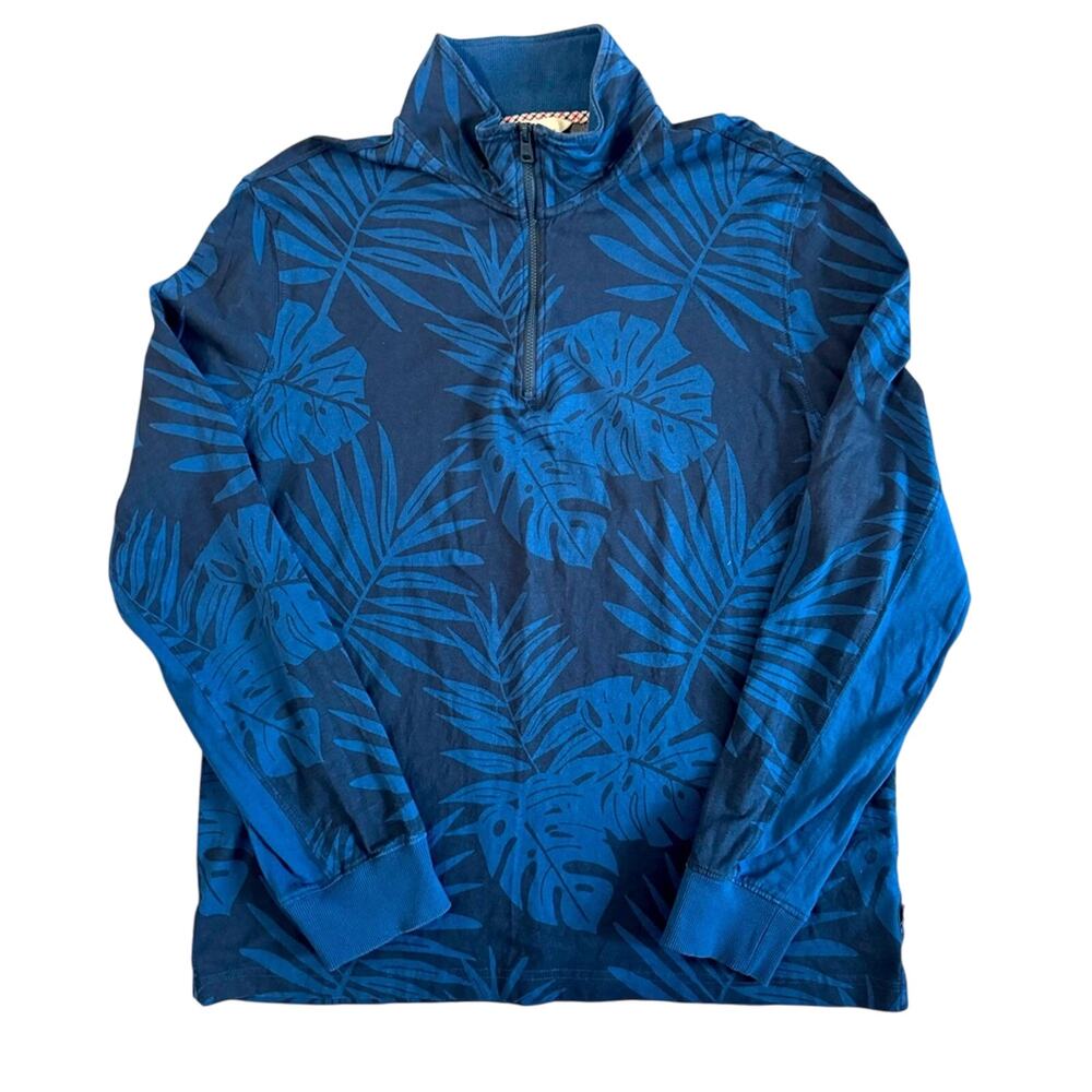 Ben Sherman Mens Blue Palm Print 1/4 Zip Long Sleeve Shirt L Classic Coastal